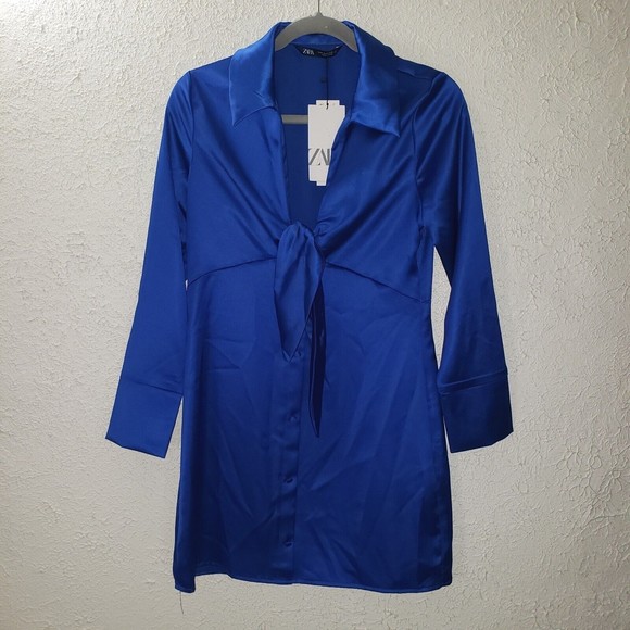 NWT Zara Sz M Satin Effect Blue Mini Dress Tie Front Long Sleeve Collared Deep V - Picture 5 of 15